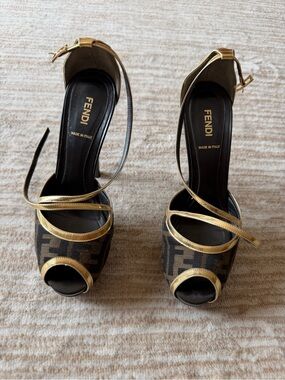 Fendi Women's Gold Trim Zucca Ankle-Strap Peep-Toe Heels